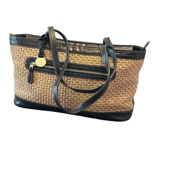 Brahmin Vintage Croc (Leather)and woven Tan and Black Tote Bag - Picture 2 of 16